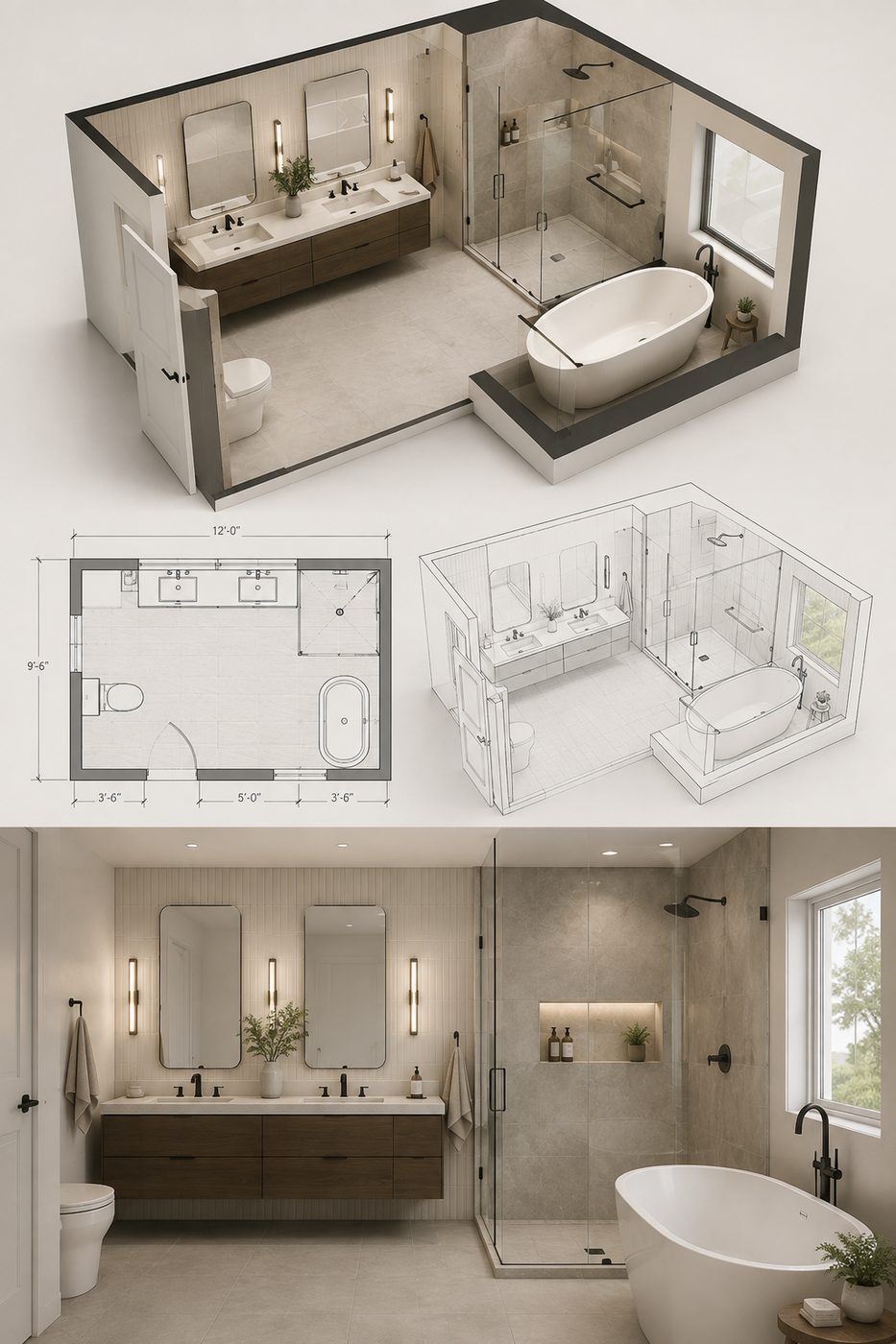 3D bathroom design with cutaway view, floor plan and photorealistic render
