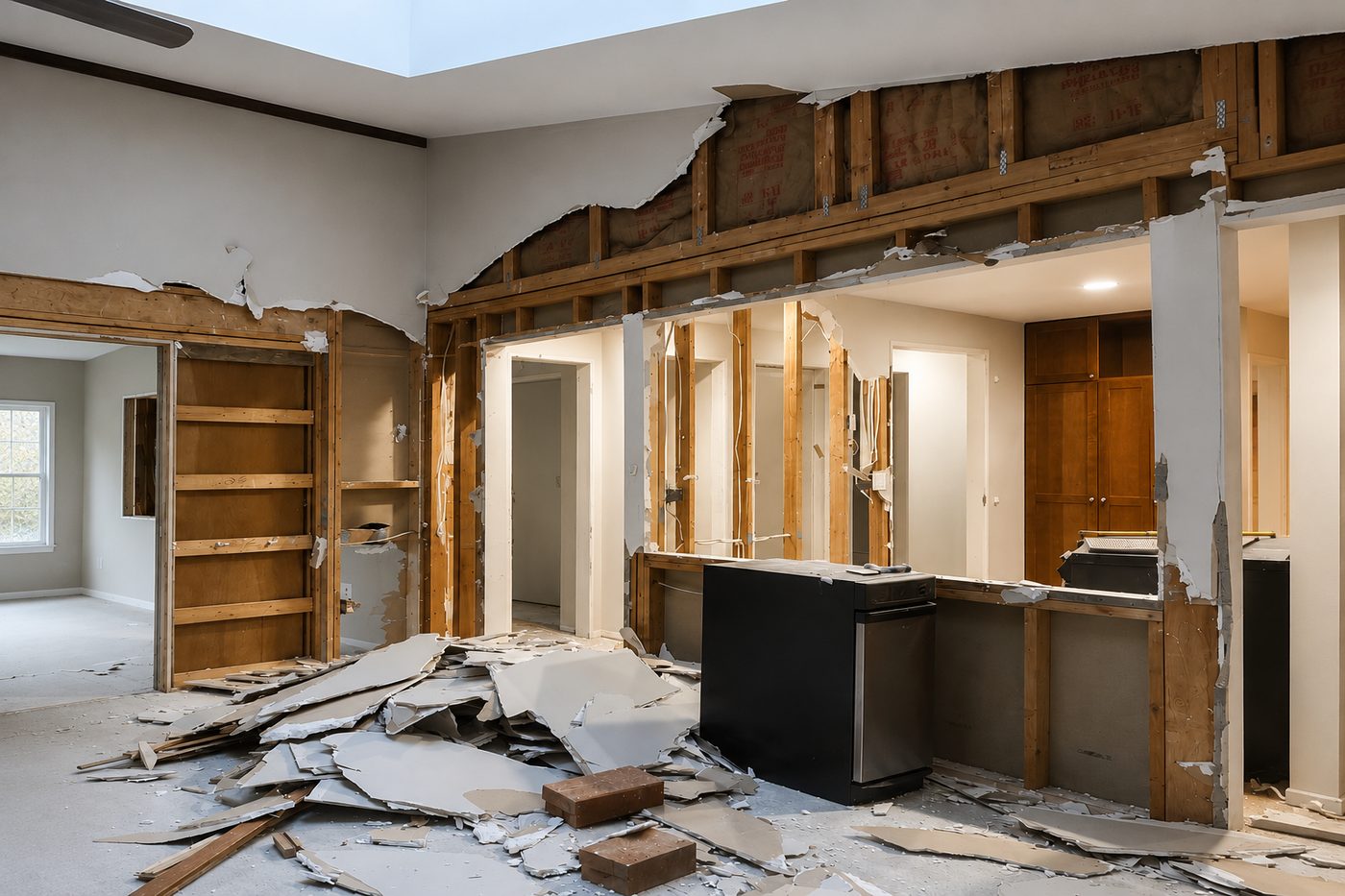 Home interior stripped to the studs during a full remodel by Pro Floors and Walls