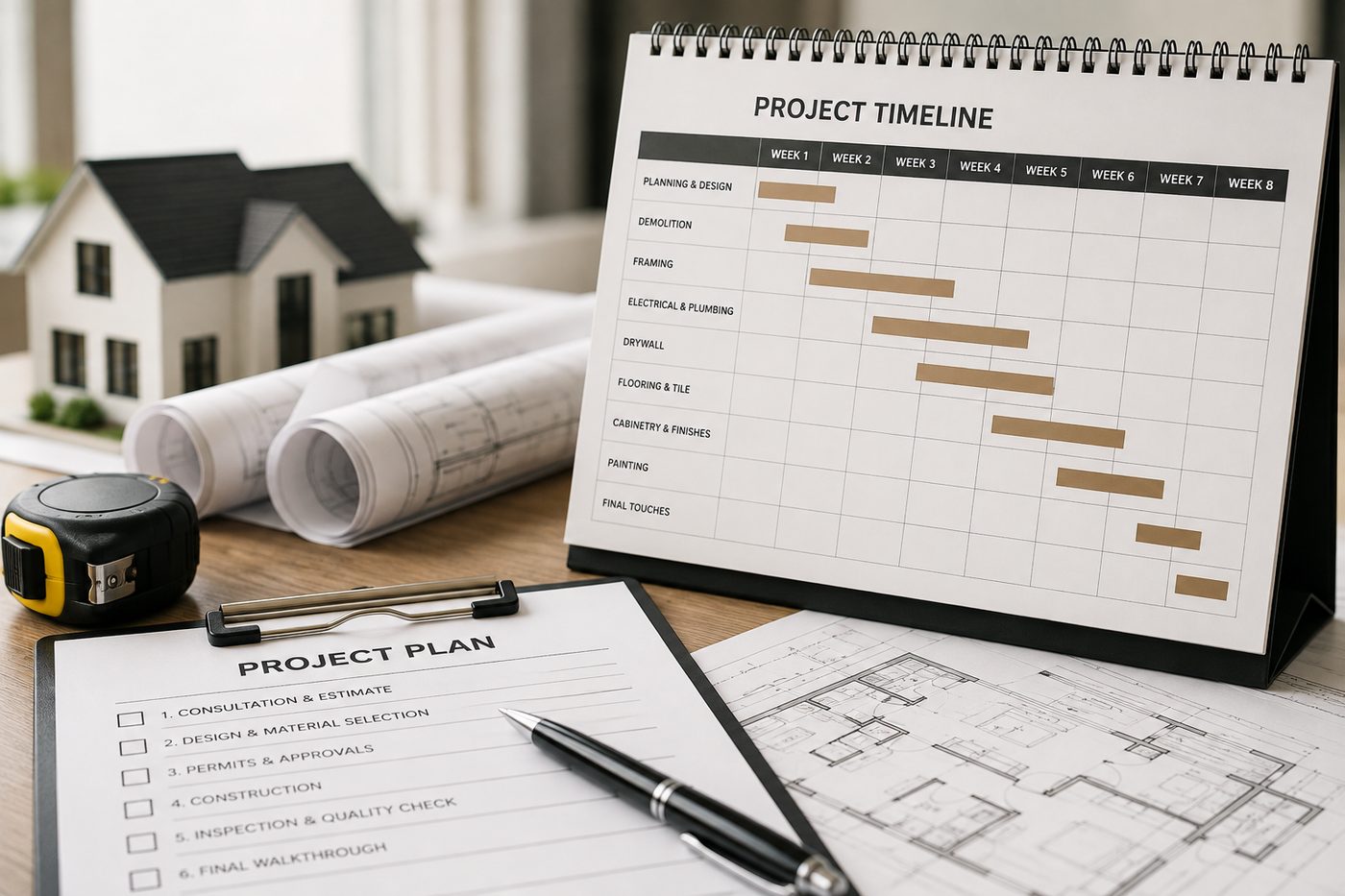 Desk with project timeline schedule, floor plans and a house model