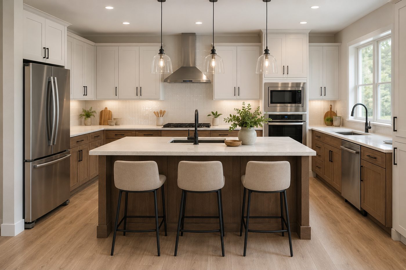Modern kitchen with island, white cabinets and hardwood flooring