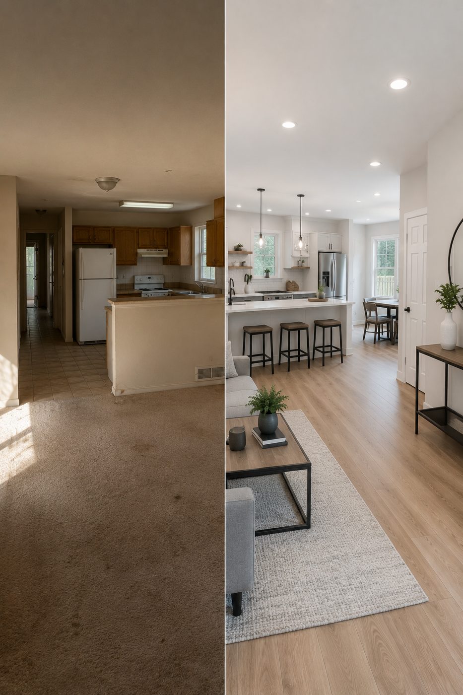 Before-and-after of a whole home remodel — dated carpet and oak kitchen transformed into a bright open-plan living space — Madrona, Seattle