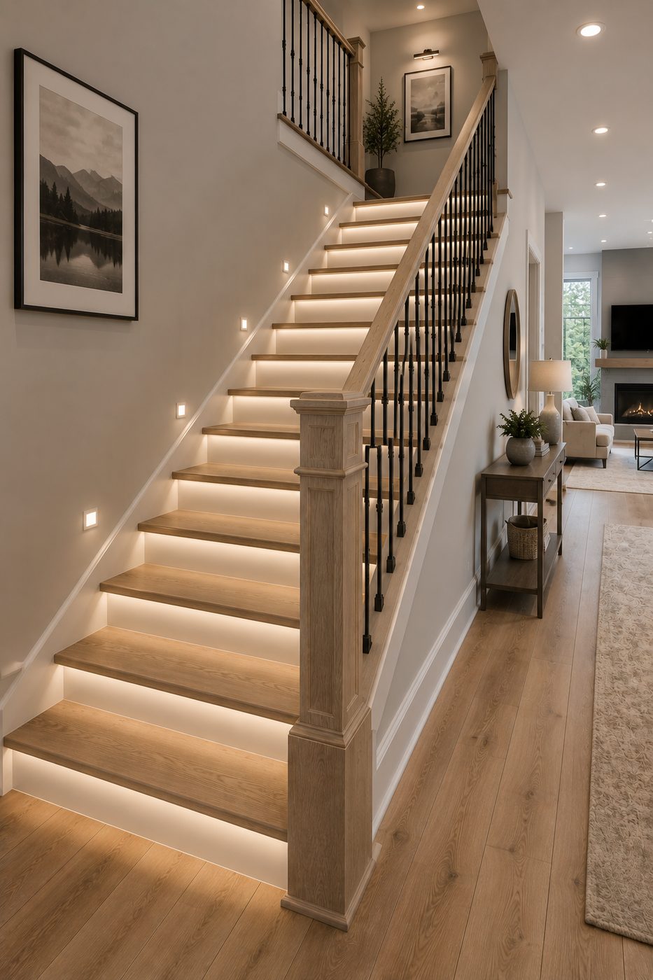 Remodeled staircase with wood treads, LED step lighting and iron balusters — Redmond