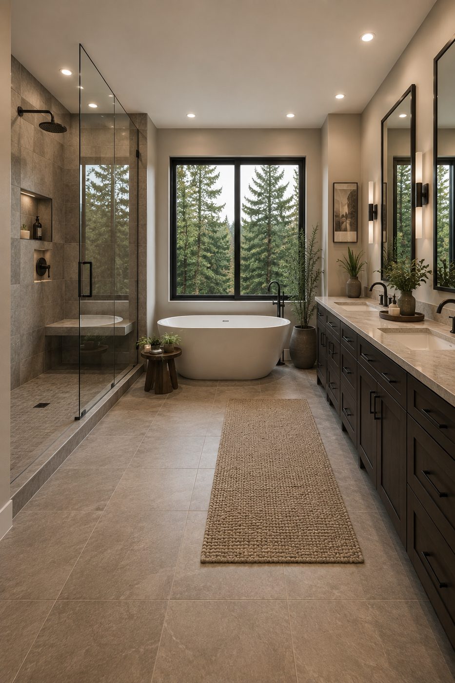 Remodeled bathroom with freestanding tub, glass shower and double vanity — Mercerwood, Seattle
