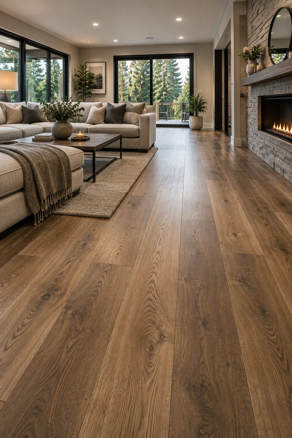 Living room with new wide-plank hardwood flooring and stone fireplace — Kirkland