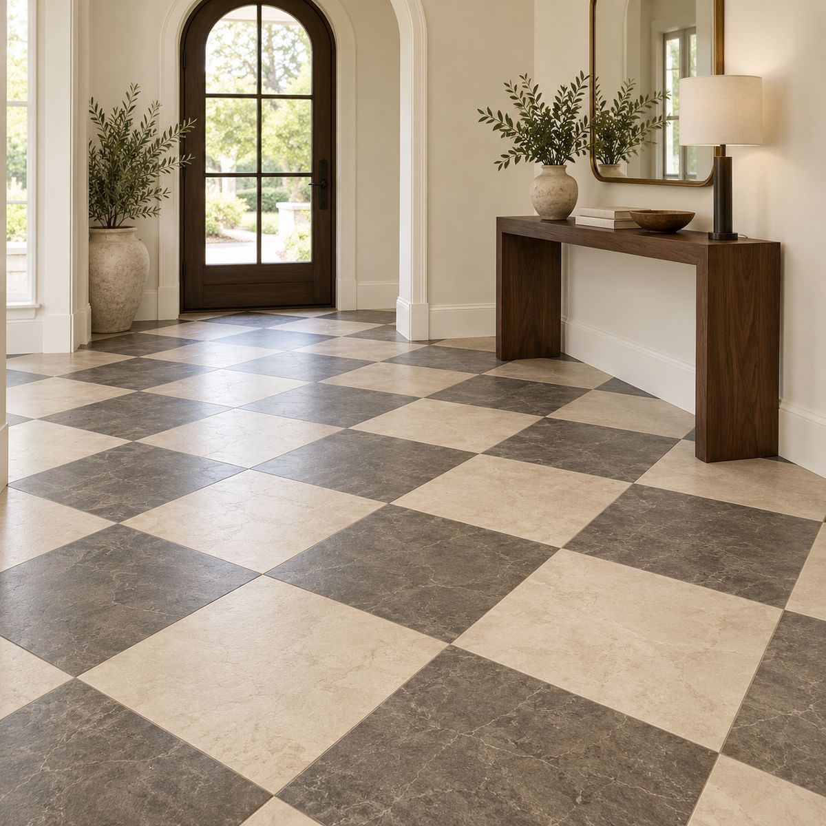 Foyer with diagonal checkerboard stone-look tile