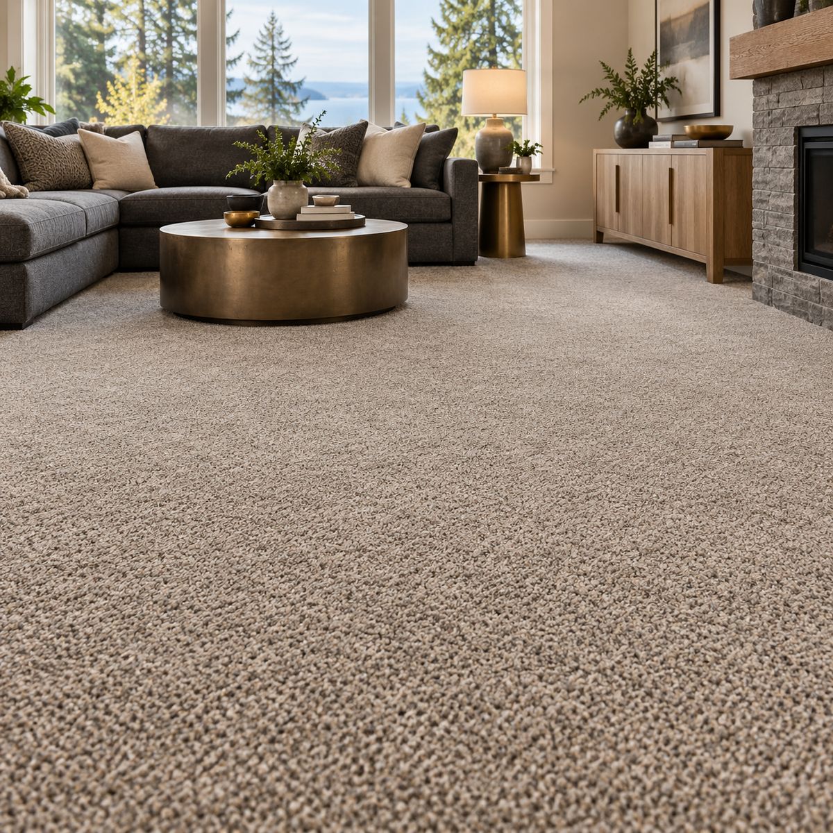 Living room with greige wall-to-wall carpet