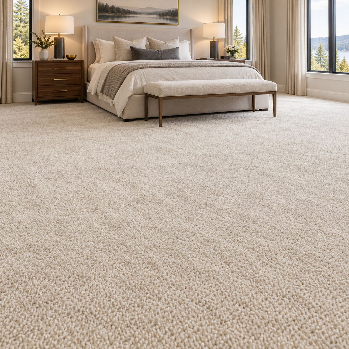 Bedroom with ivory wall-to-wall carpet