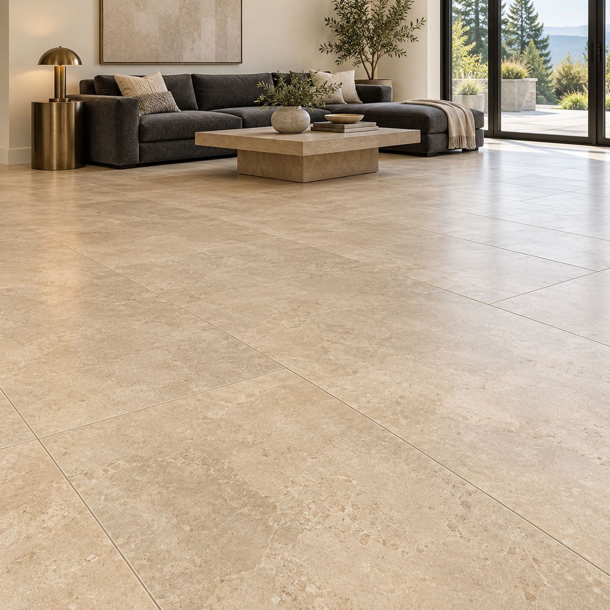 Living room with large-format limestone-look tile