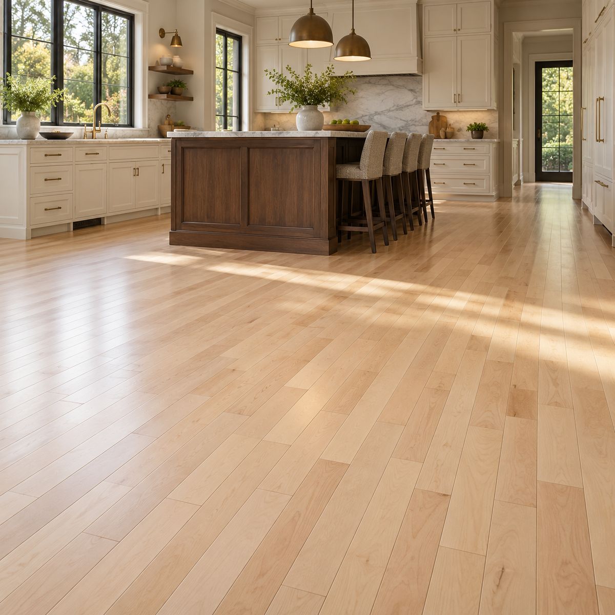 Kitchen with light maple hardwood flooring