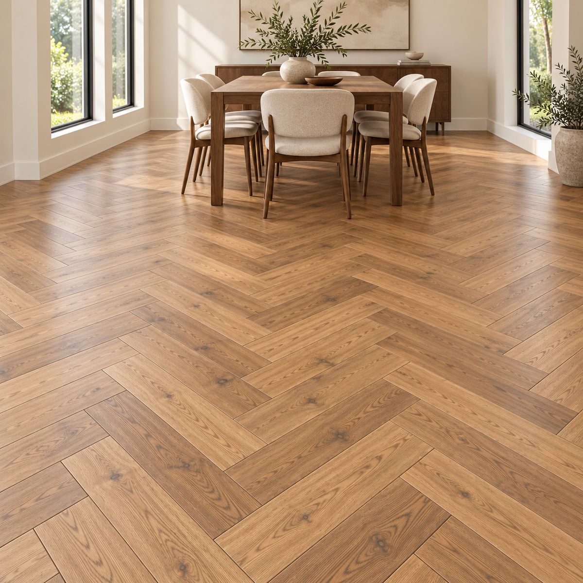 Dining room with oak herringbone flooring
