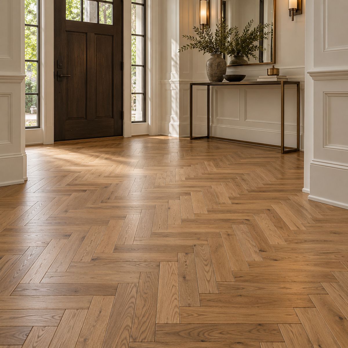 Entryway with white oak herringbone flooring