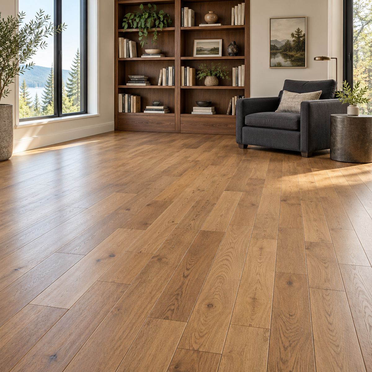 Reading room with warm oak plank flooring