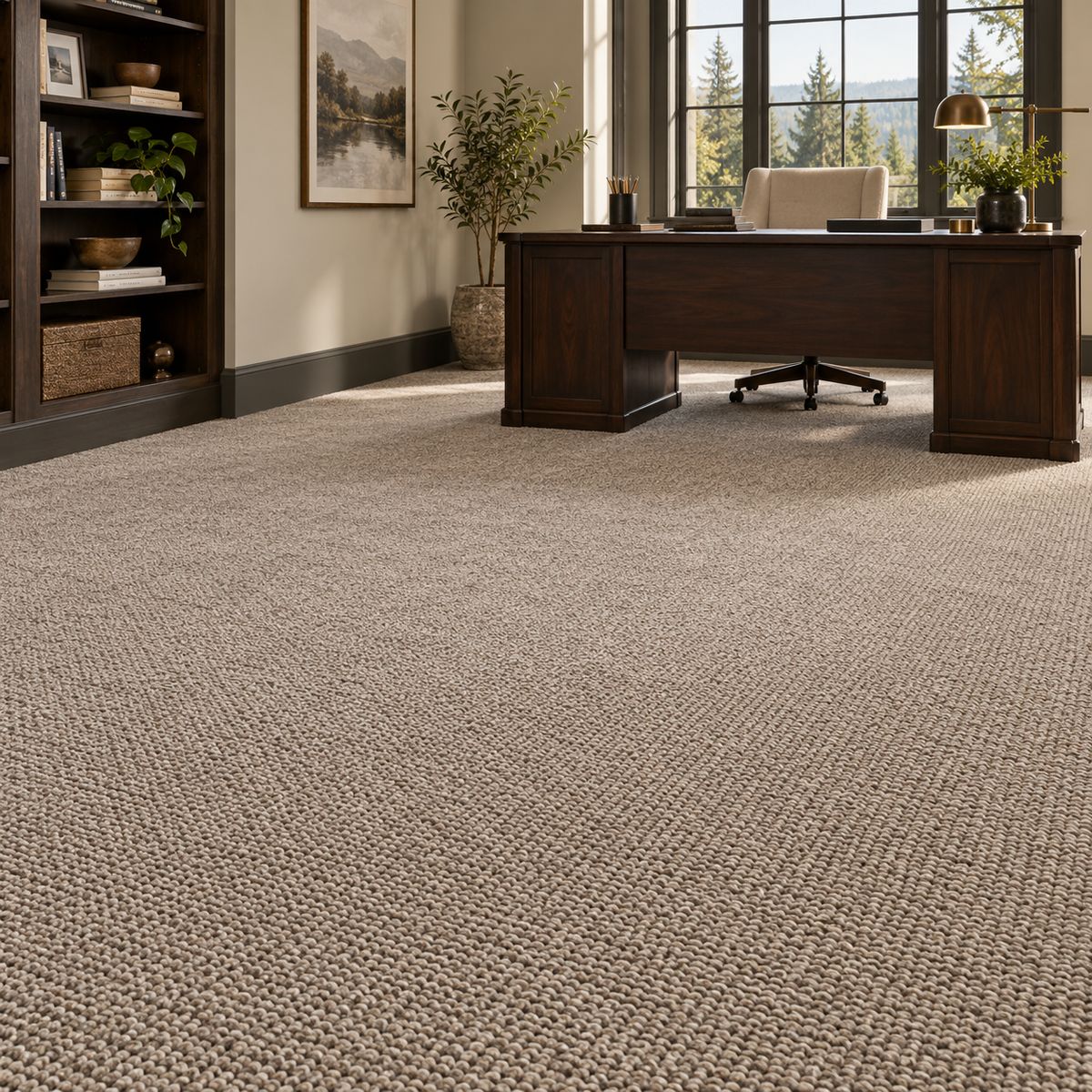 Home office with taupe loop-pile carpet