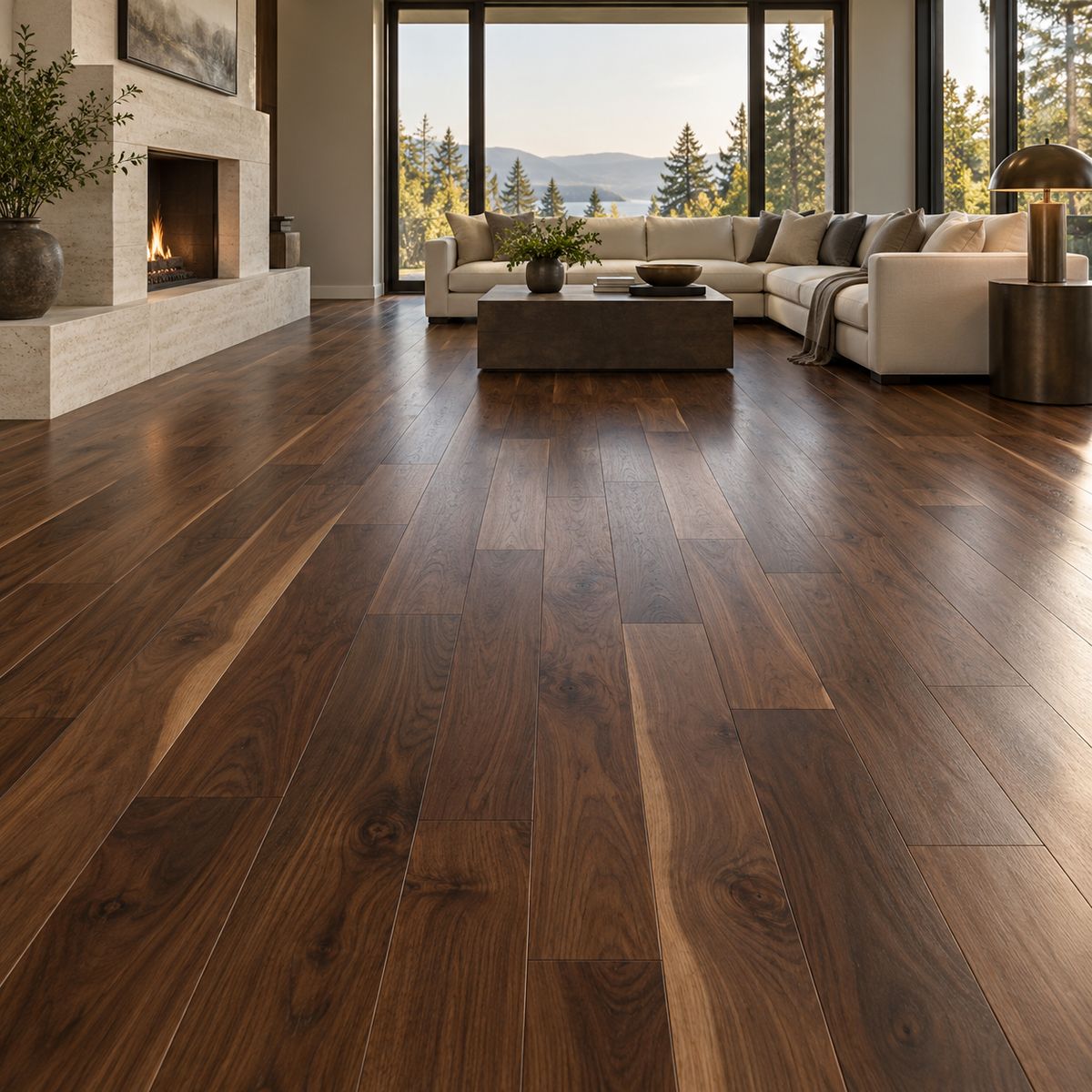 Living room with wide-plank American walnut flooring