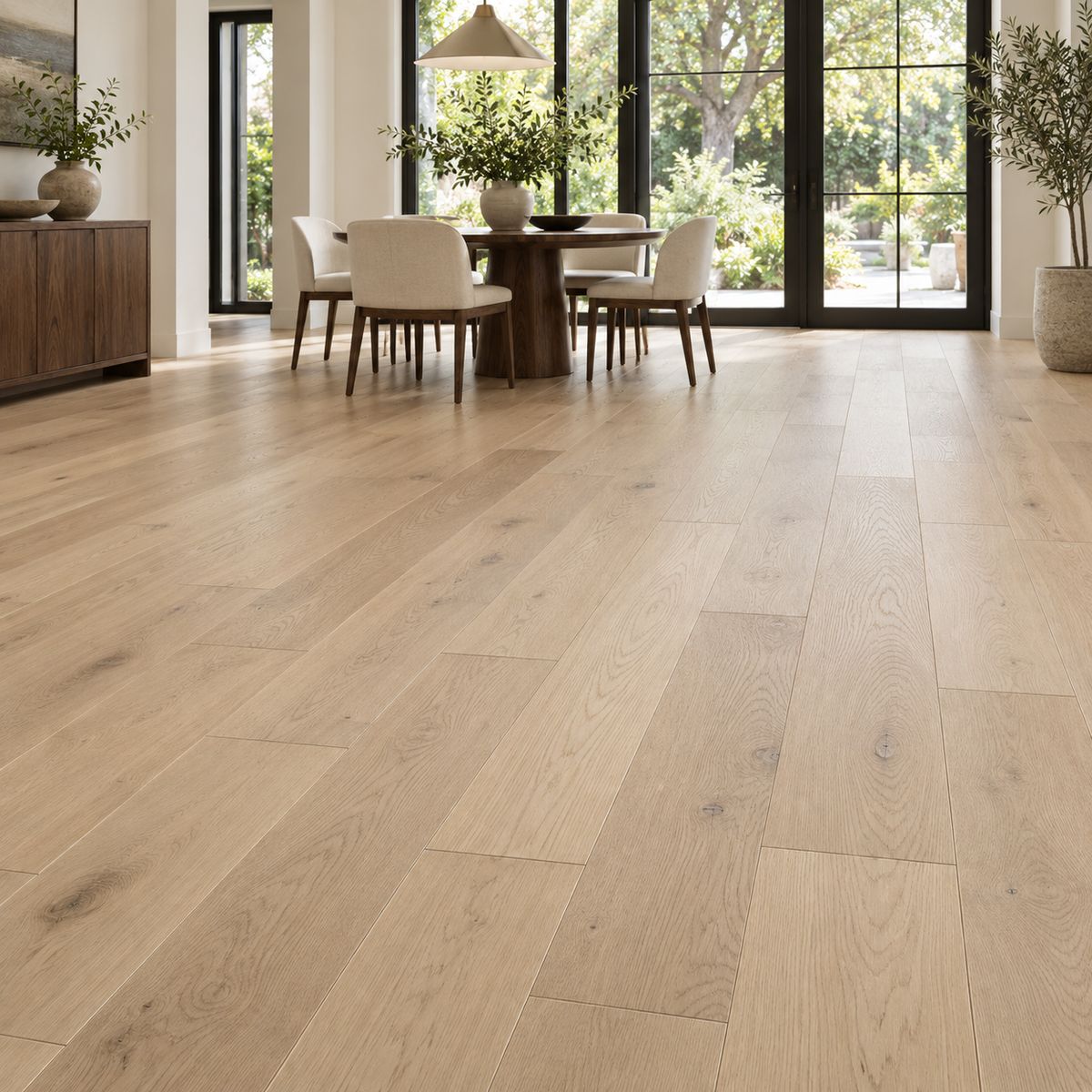Dining room with wide-plank white oak flooring