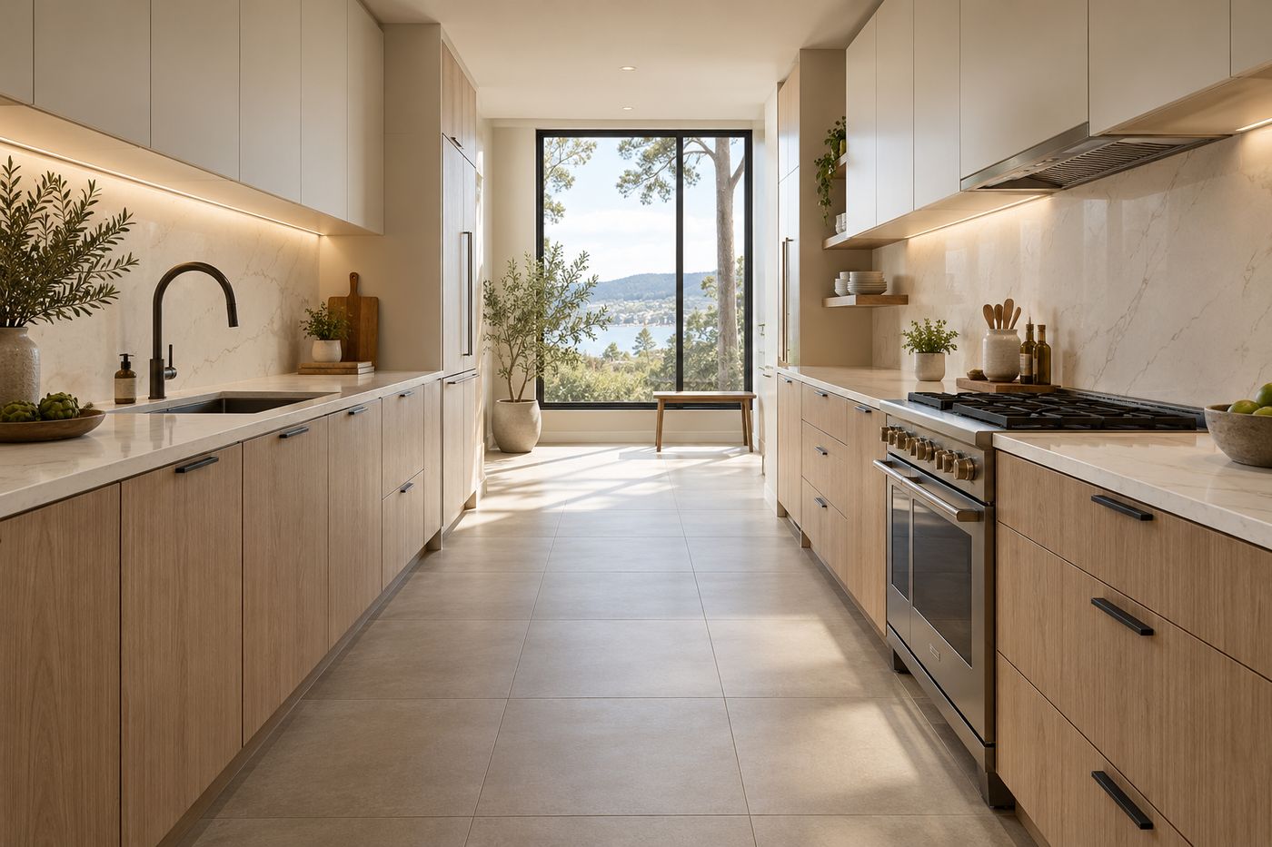 Galley kitchen with oak flat-panel cabinets and stone backsplash
