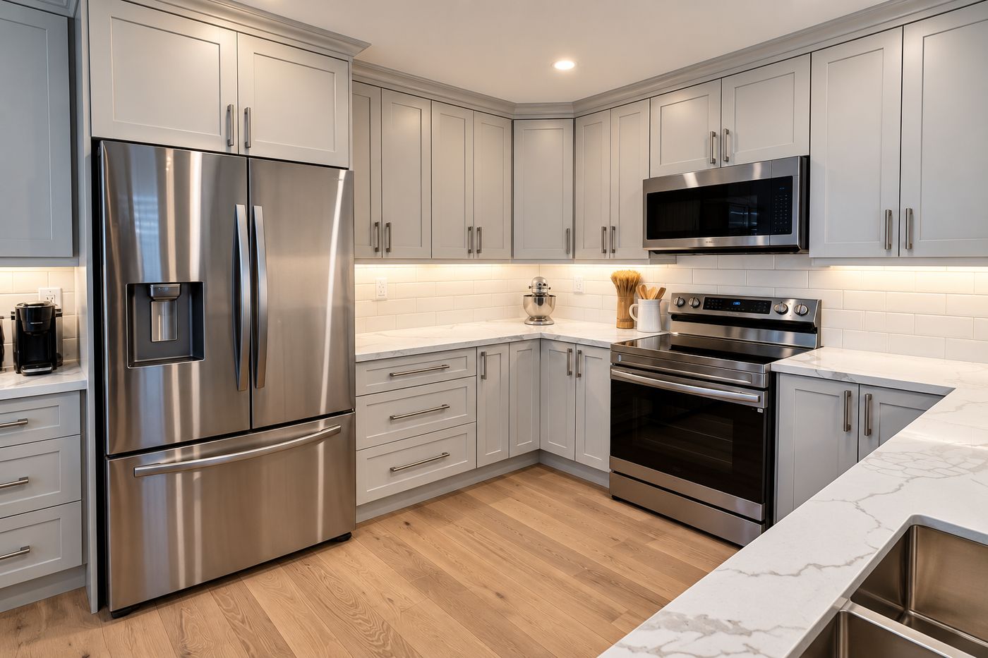 U-shaped kitchen with gray shaker cabinets, quartz counters and oak floor