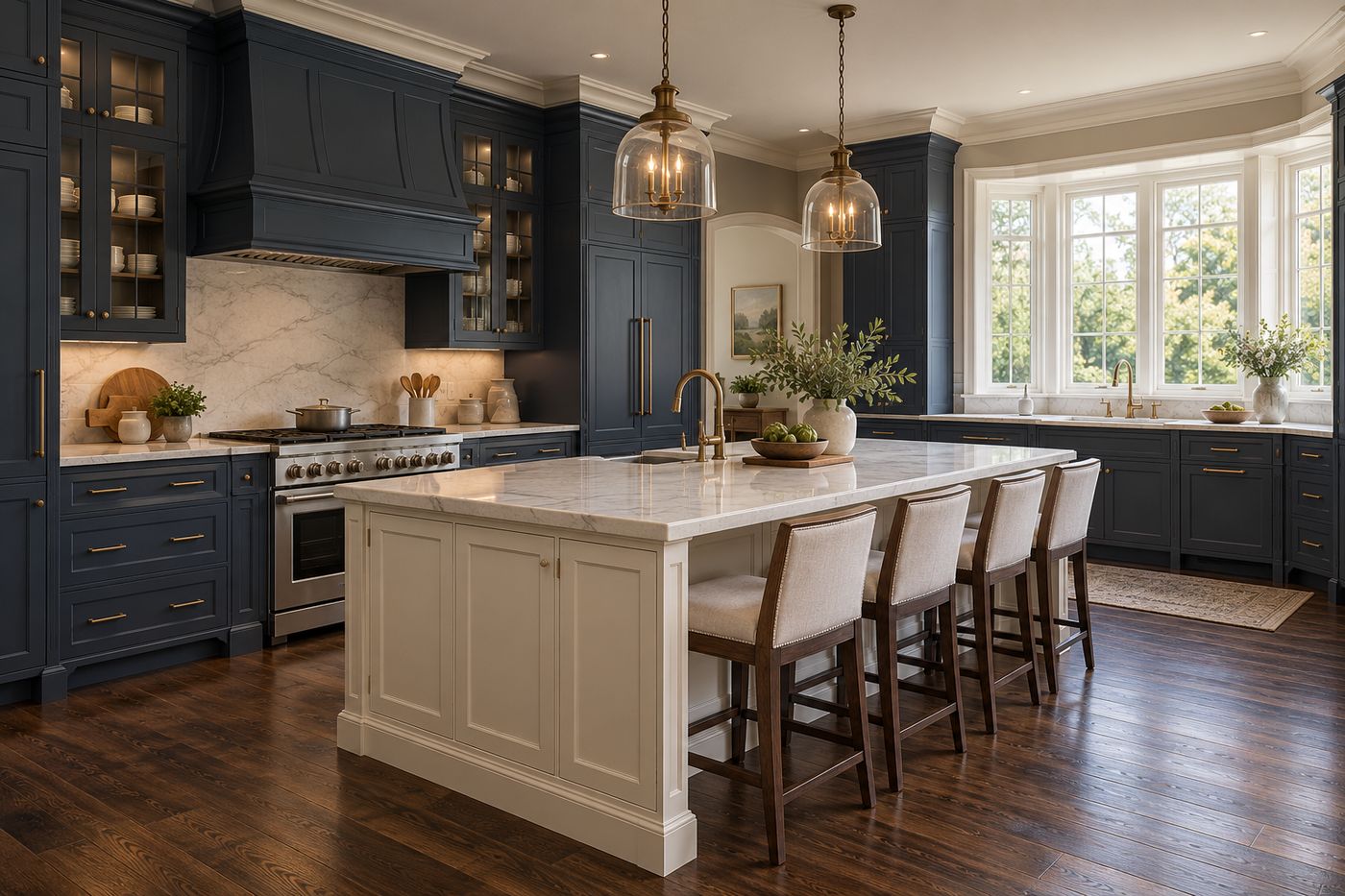 Navy shaker kitchen with a white marble island and brass pendants