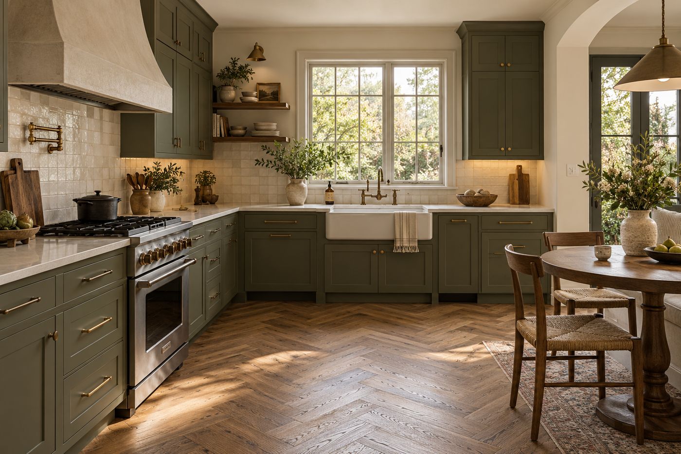 Olive shaker kitchen with a farmhouse sink and herringbone wood floor