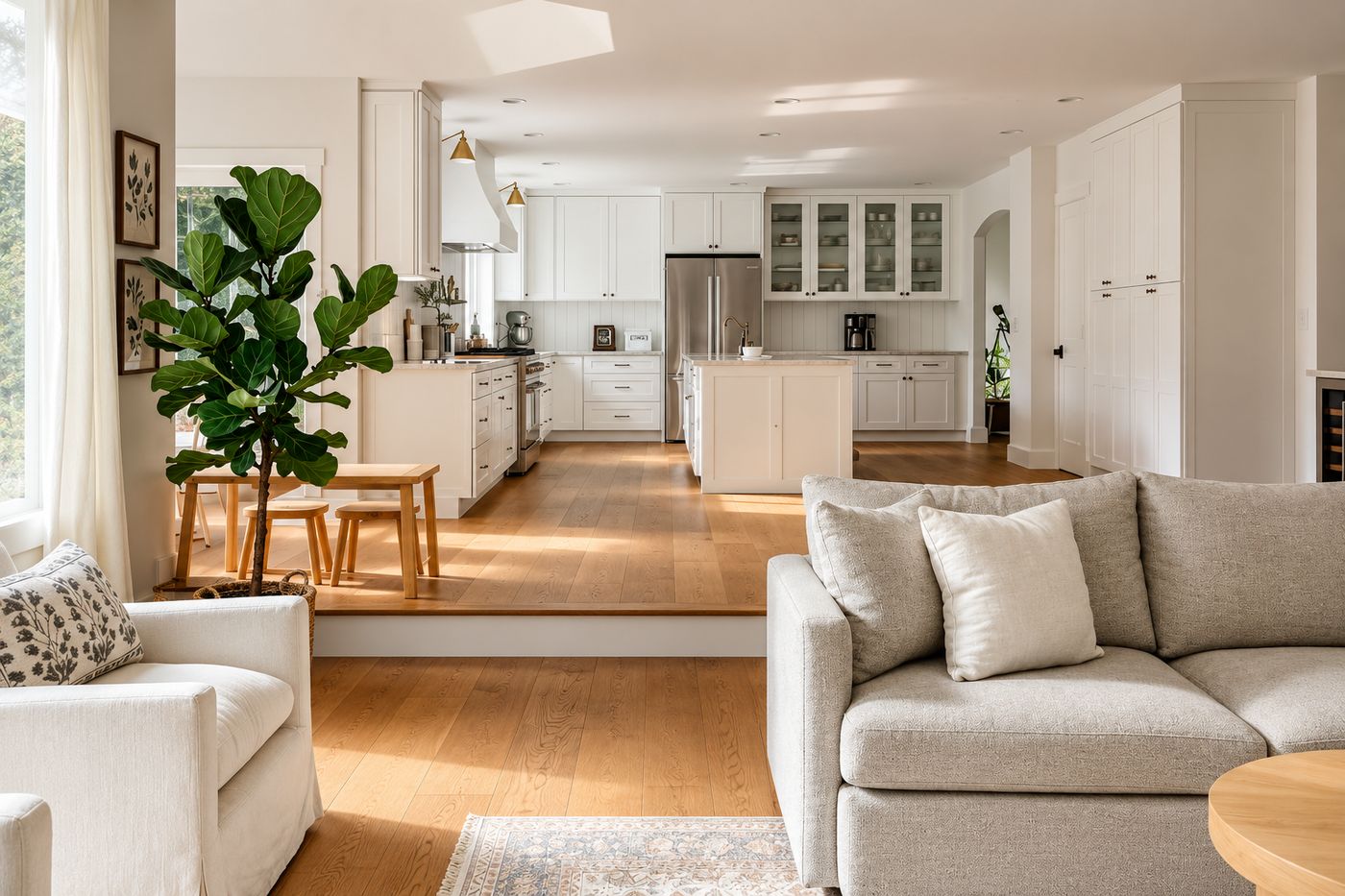 Open-plan white kitchen and living room on wide oak flooring