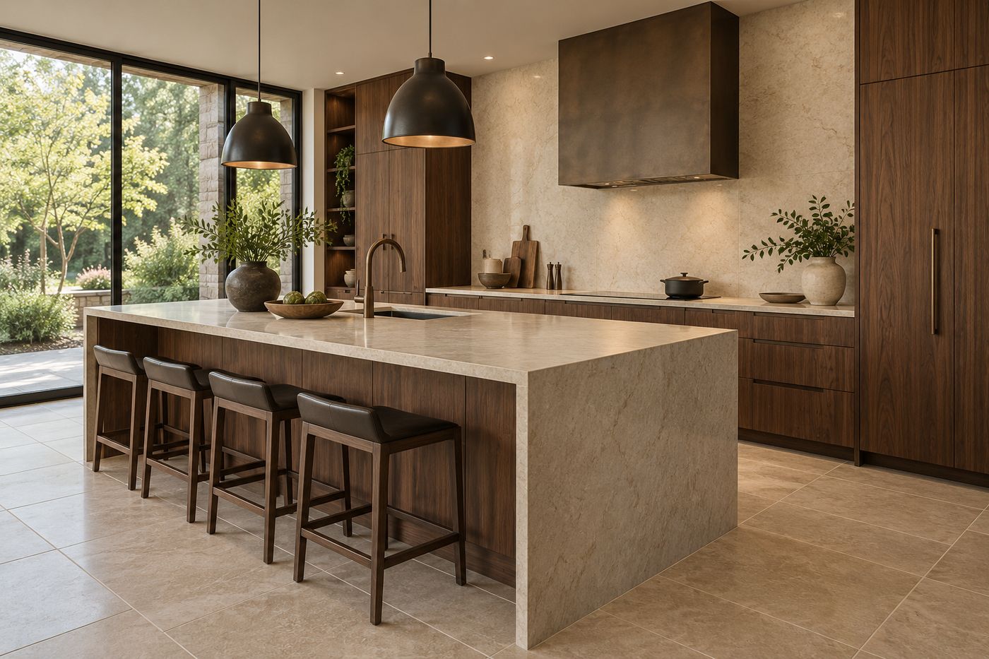 Walnut kitchen with a stone waterfall island and large-format tile floor