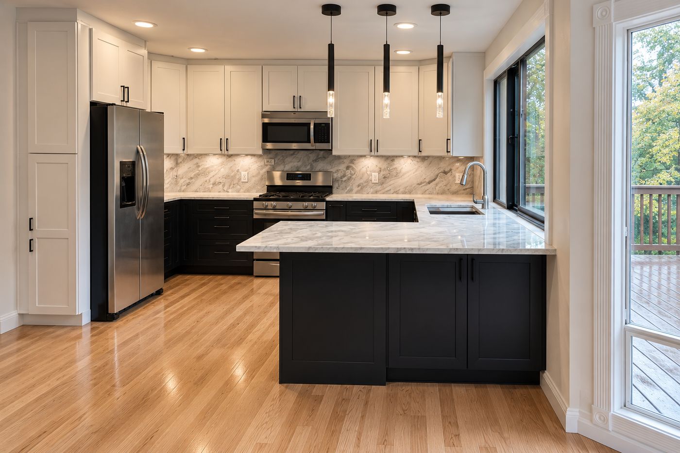 Kitchen with white upper and charcoal lower cabinets, marble peninsula and oak floor
